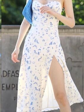 Reformation White Slip Dress with Light Blue Abstract Print - Size 0